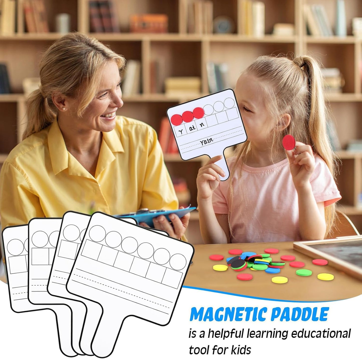 Seajan 3 Pcs Magnetic Paddle Set Education Dry Erase Double Side Handheld Answer Board with Magnetic Counters Discs Phonemic Awareness Phonics Games Toy for Students Kids Teaching Supply (Color)