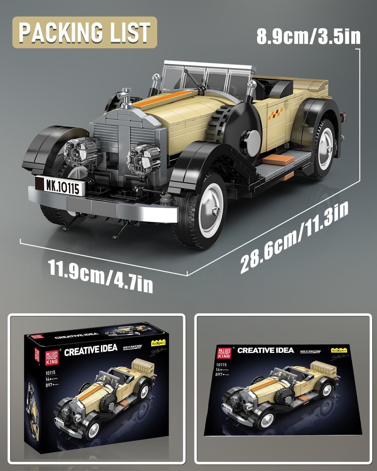 Mould King 10115 Classic Vintage Car Building Kit, Retro Car Building Blocks Sets, 1:16 Scale Convertible Sports Cars Display Model, Collectible Set for Adults to Build, Toys for Teen(897 Pieces)