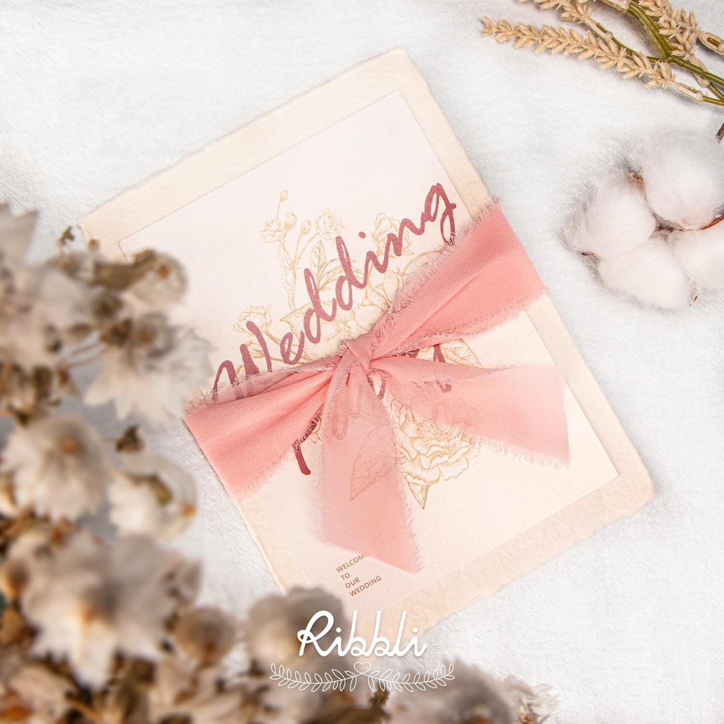 Ribbli Light Pink Chiffon Ribbon 1-1/2 inch x 20 Yard Handmade Fringe Chiffon Silk Ribbon for Wedding Invitations, Bridal Bouquets Wrapping, Flower Arrangement Decoration