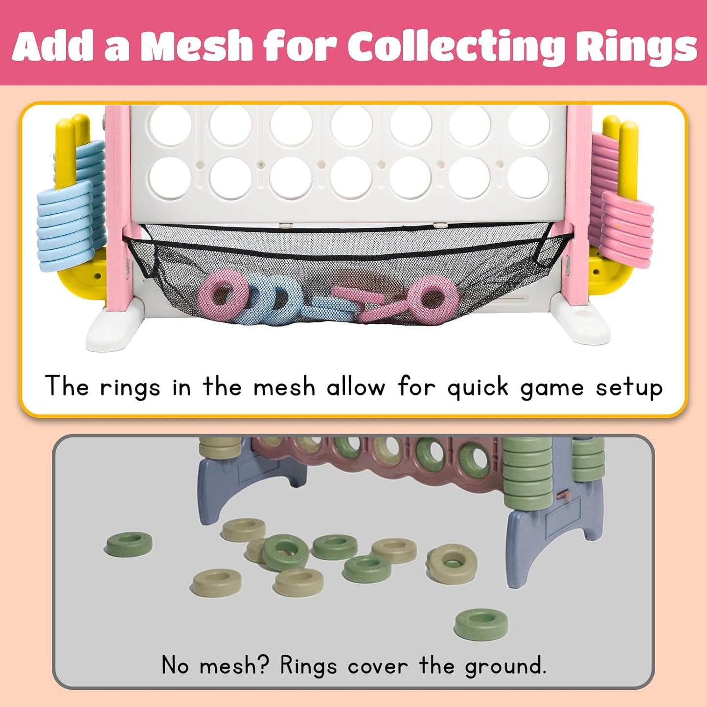 Giant 4 in a Row Connect Game with Mesh Fabric | Height Adjustable 4-in-1 Jumbo 4-to-Score Yard Game Set with Basketball, Golf & Ring Toss | Outdoor Indoor Family Party Game for Kids & Adults, Pink