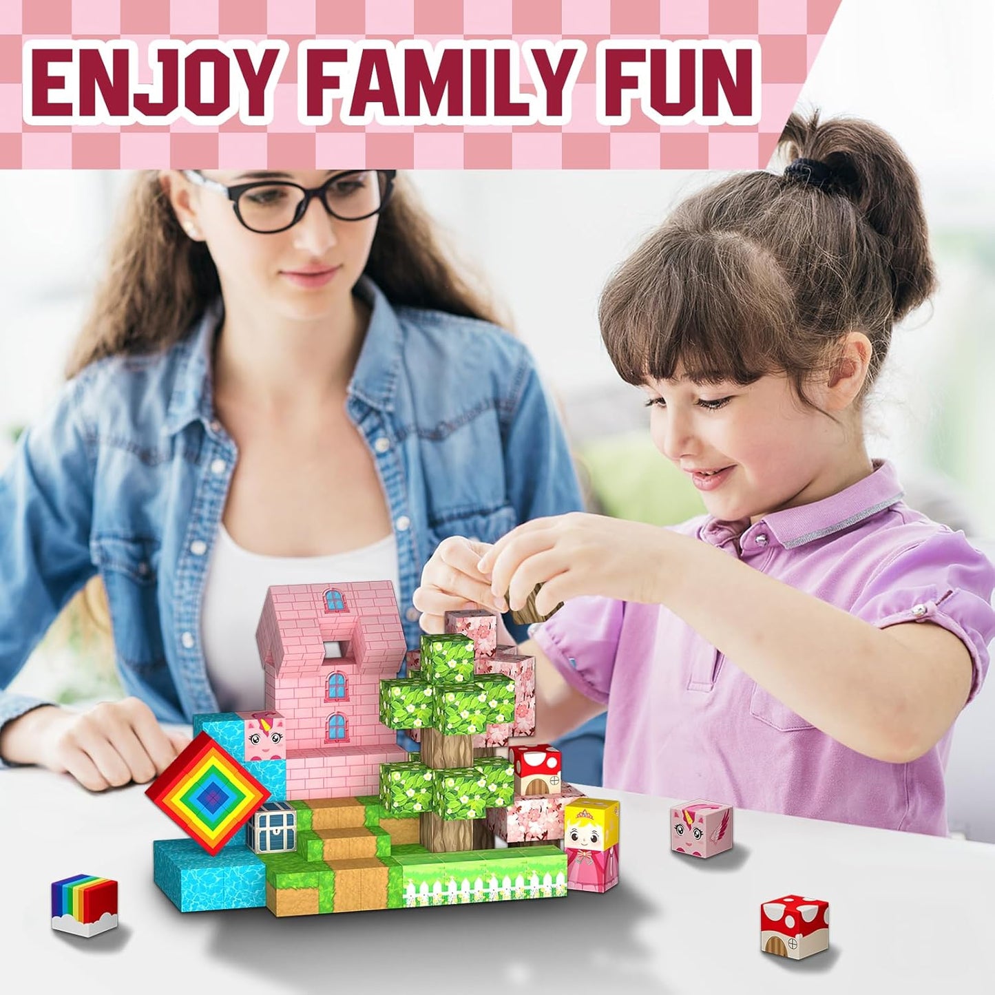 100PCS Magnetic Blocks - Princess Castle Building Forest World Set, STEM Sensory Gifts for Princess, Creative Kids Games, Building Toys for 3+ Years Old Girls, Magnets Game for Toddler (Pink)