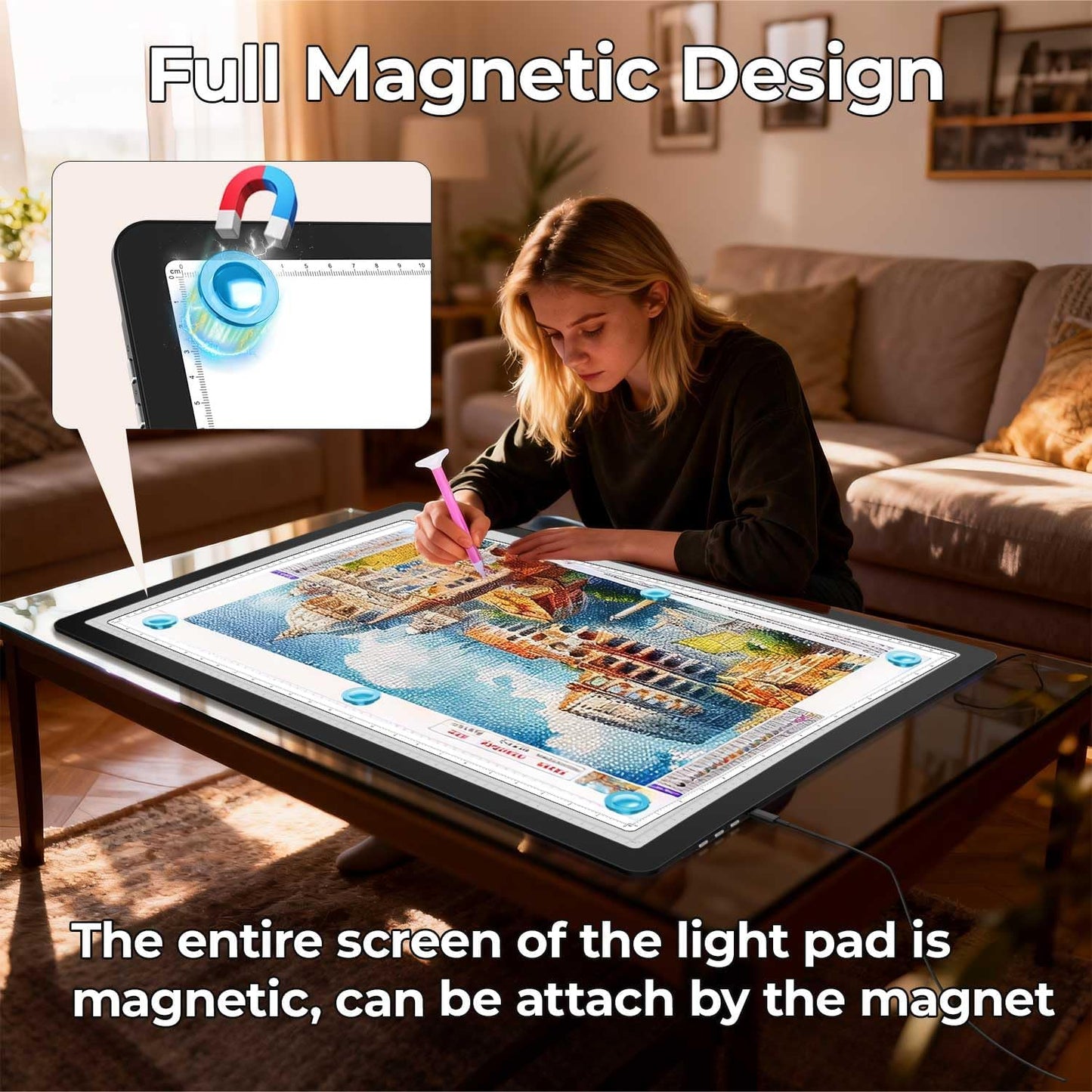 Heanolier A2(25.2" x 18.4") Artist tracing Light Box Copy Table,Large Magnetic Light pad with Physical Buttons & Adapter,3-Color,Dimmerable Bright Light Board for Diamond Painting,Drawing,Sketching