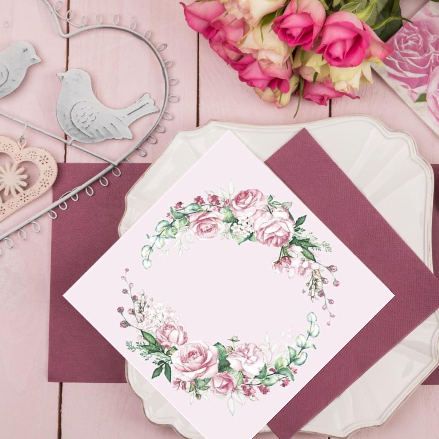 20-ct 13x13 Flowers Paper Luncheon Decoupage Napkins, 3-Ply Servilletas Printed Wedding Roses Cocktail Napkin for Art, Dinner and Party, Disposable Napkins Decor