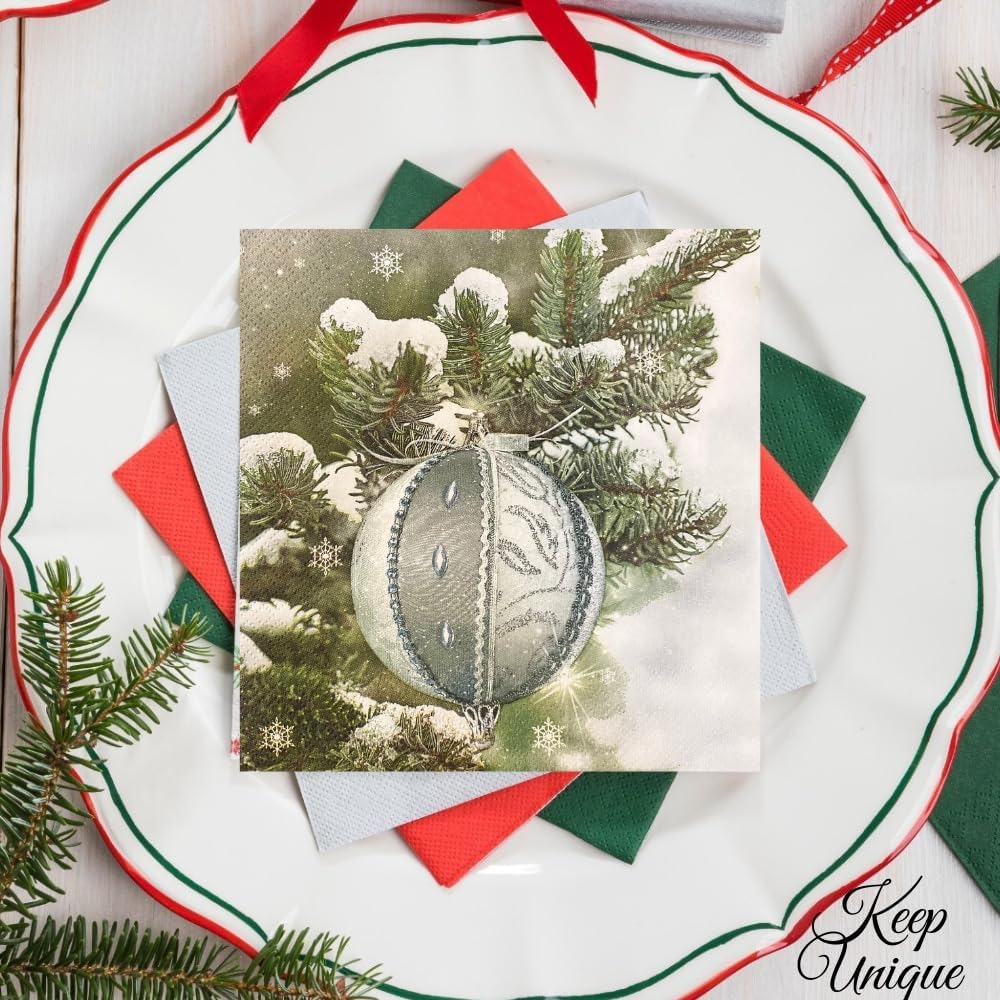 20-ct 13x13 Christmas Paper Decoupage Napkins, 3-Ply Servilletas Tissue Napkin for Dinner and Parties, Disposable Napkins (Ornament X)
