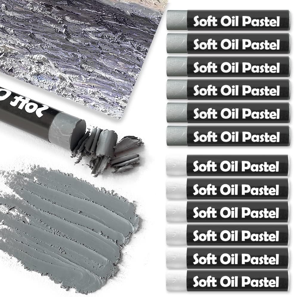 12 Pcs Monochrome Artists Grade Soft Oil Pastels Vibrant and Creamy Colored Chalk Pastels Art Supplies Set for Professionals Painting Drawing White Gray