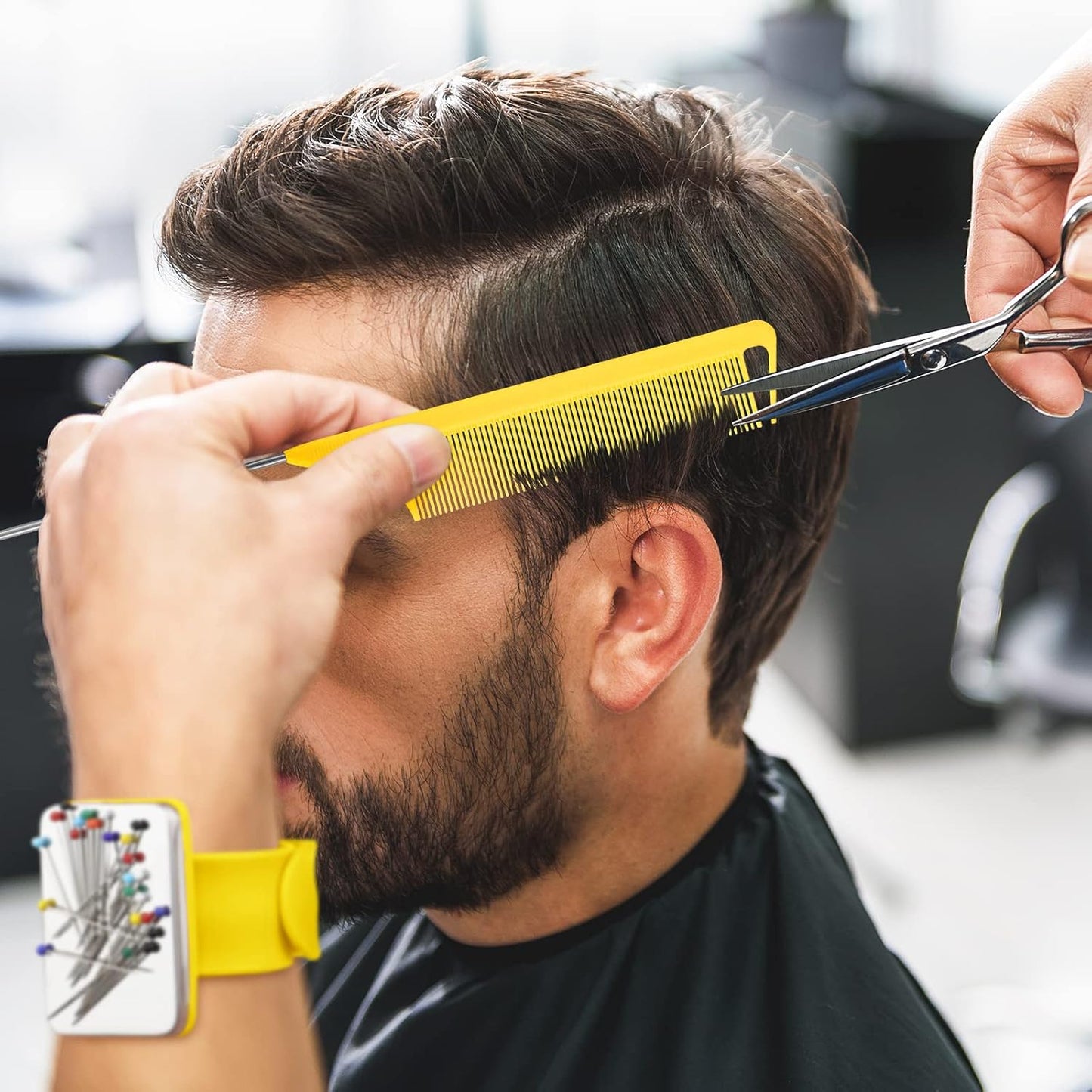 WILLBOND Magnetic Wrist Sewing Pincushion Wrist Magnetic Pin Holder Wristband Pin Cushion Holder with 3 Pcs Stainless Steel Pintail Comb Rat Tail Comb for Hair Clips Hand Sewing(Yellow)