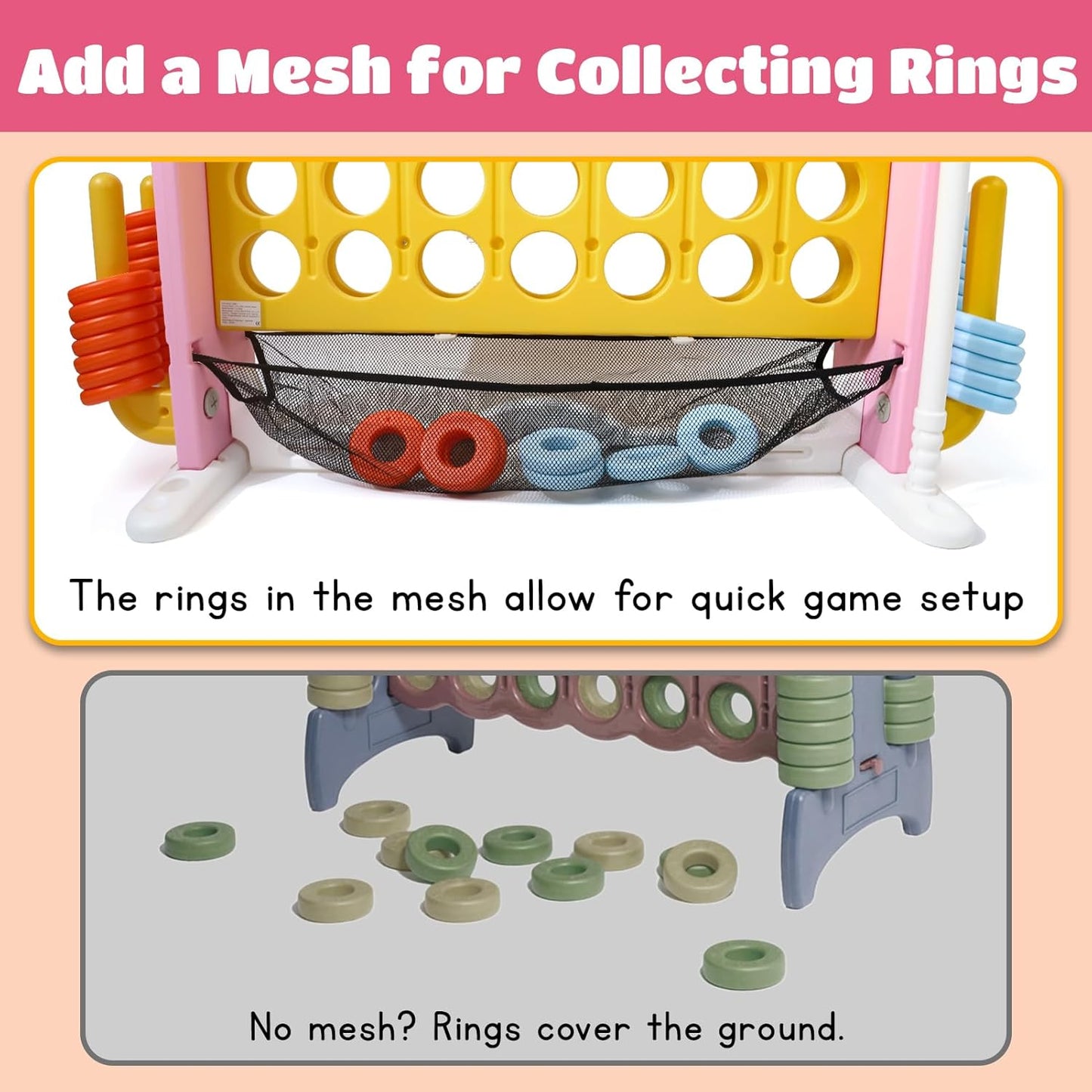 Giant 4 in a Row Connect Game with Mesh Fabric | Height Adjustable 4-in-1 Jumbo 4-to-Score Yard Game Set with Basketball, Golf & Ring Toss | Outdoor Indoor Family Yard Party Game for Kids & Adults