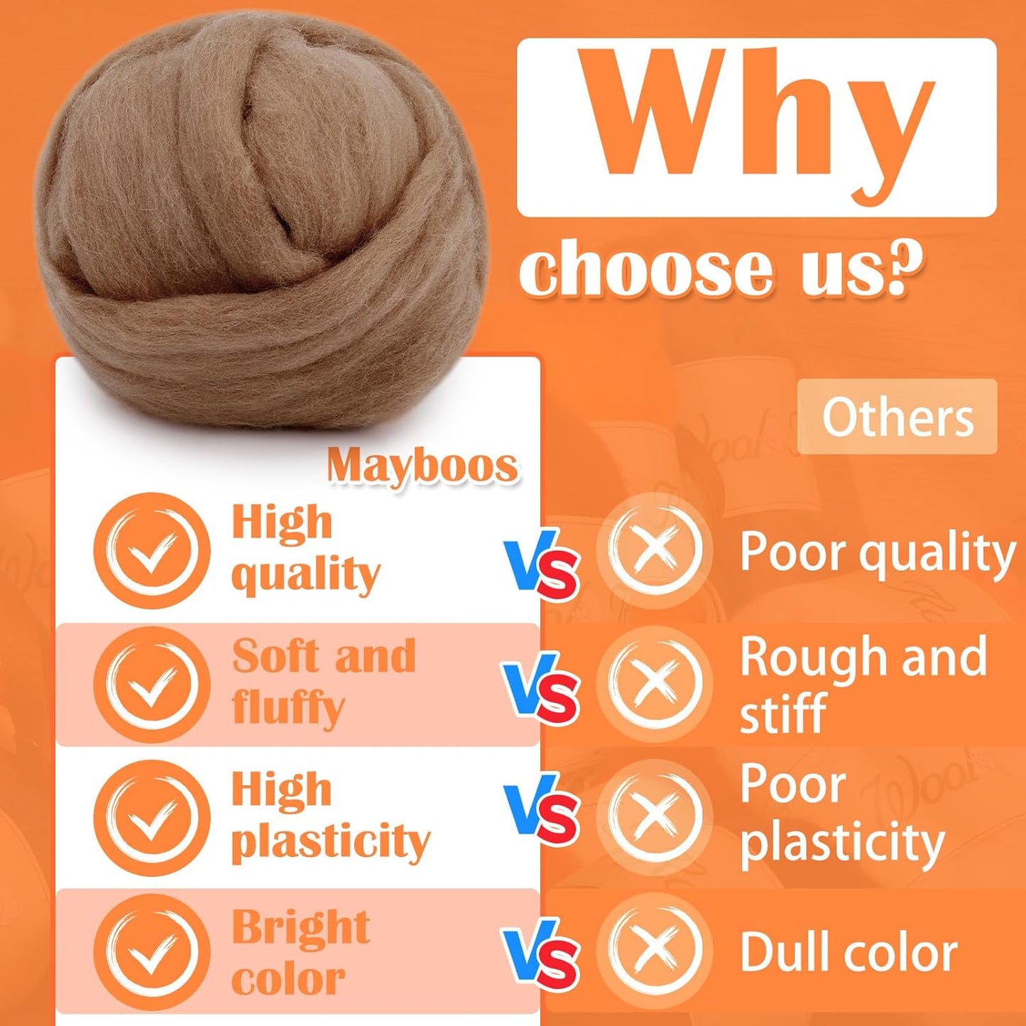 Mayboos Wool Roving Yarn, 1.76oz Colored Natural Wool Roving,Wool Felting Supplies Pure Wool Chunky Yarn for Wet Felting handcrafts and Spinning (Bright Brown Color)