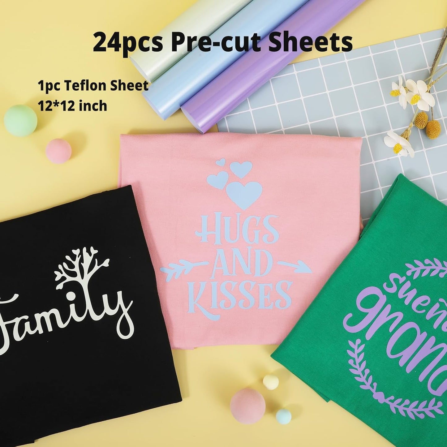 HTVRONT Light Blue HTV Heat Transfer Vinyl Bundle: 24 Pack 12"x12" Iron on Vinyl Sheets for T-Shirt (1 PTFE Sheet Included), PU HTV Vinyl Easy to Cut & Weed for Heat Design