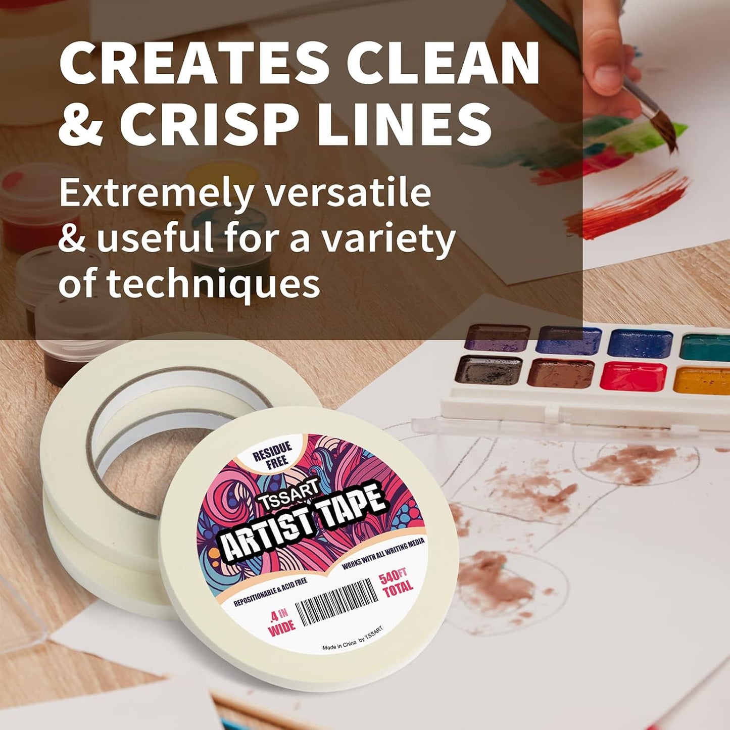 3 Pack White Artist Tape - Masking Artists Tape for Drafting Art Watercolor Painting Canvas Framing - Acid Free 0.4 Inch Wide 180FT Long