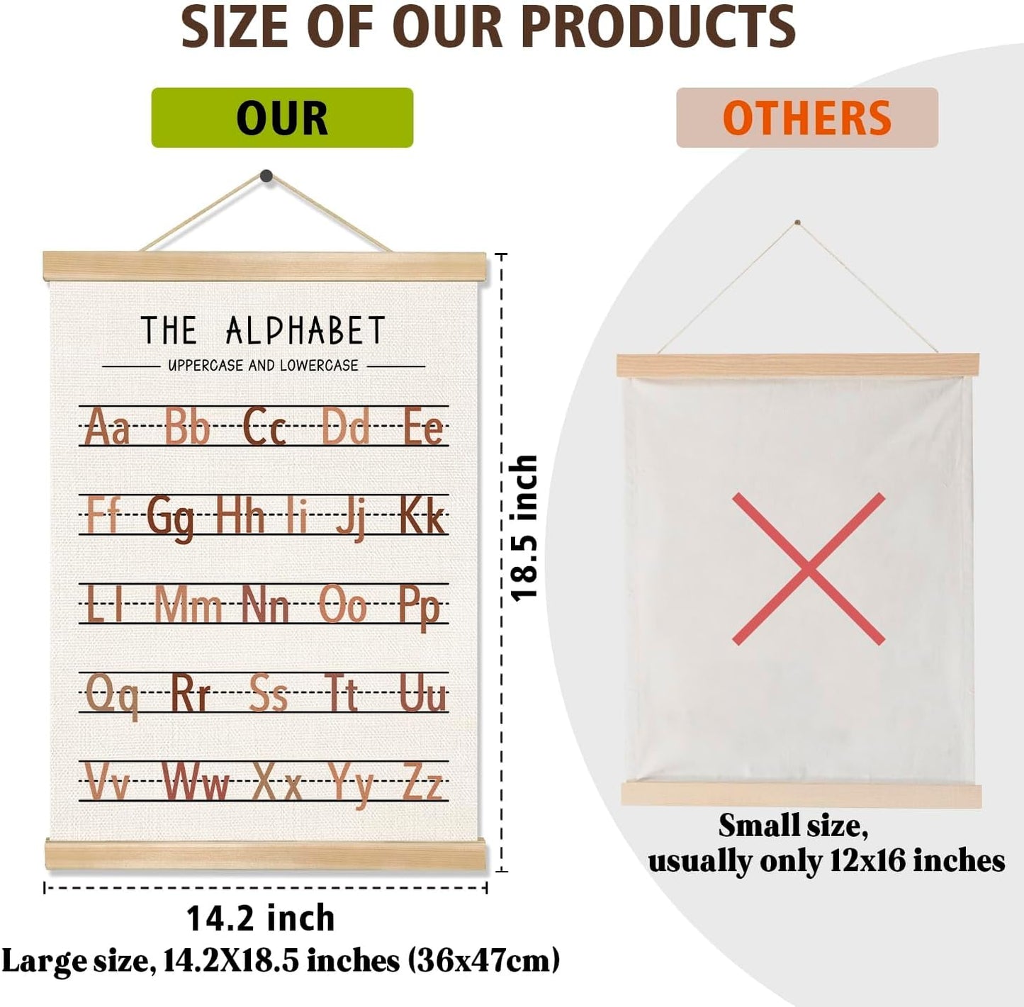 Alphabet and Numbers Wall Chart Set of 2 ,Kids Educational Posters,ABC and 1-20 Number Learning Banners for Toddlers, Preschool Classroom, Homeschool, Nursery, Playroom Decor 14 x 18.5 Inch (Brown)