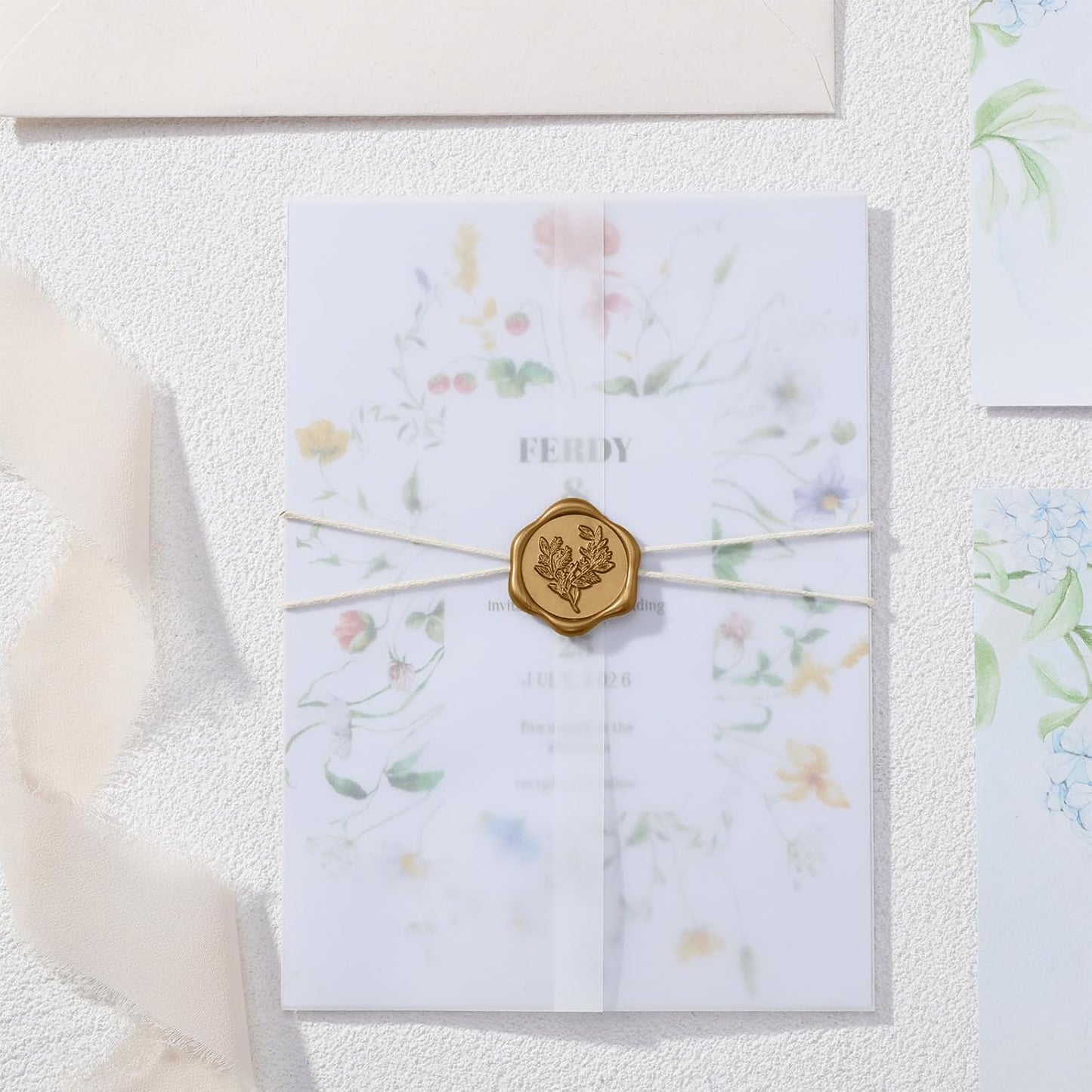 UNIQOOO 50 Sets Pre-Folded Vellum Jackets for 5x7 Invitation & Gold Eucalyptus Wax Seal Stickers, Wedding Invitations Wraps Bulk for Wedding Bridal Baby Shower Envelopes