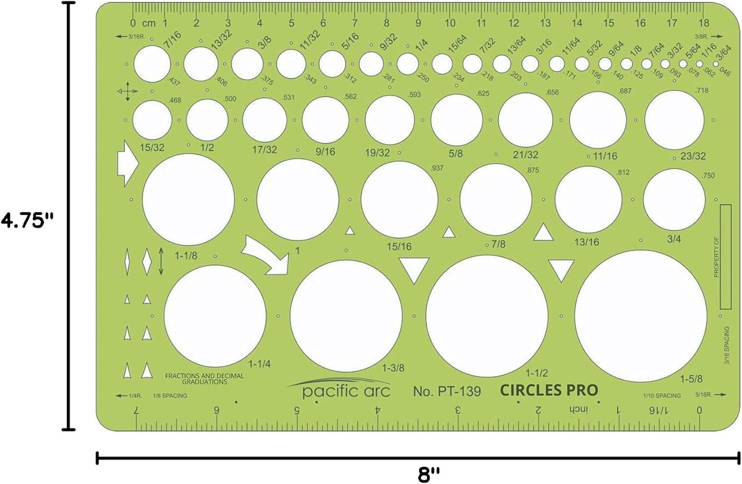 Pacific Arc Circle Template - 55 Shapes from 3/64” to 1.625" - Drawing Aid Stencil for Professional or School Work - Size 6.375" x 9.75"