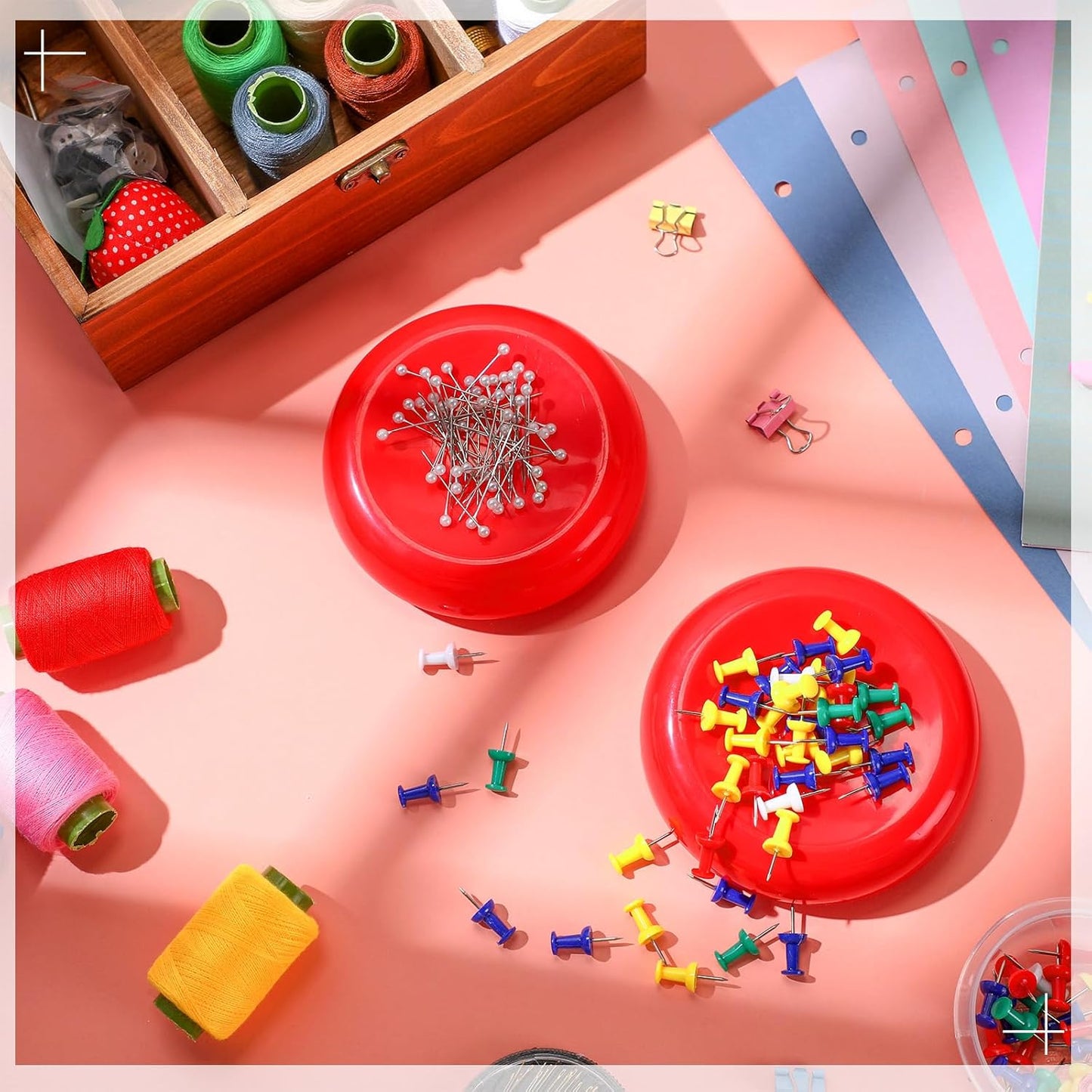 Waydress 2 Pieces Magnetic Pin Holder Sewing Pincushion Round Paper Clip Holder Magnetic Cushion Sewing Pin Push Hairclip Storage Case Needle Cushion for Sewing DIY Project(Red)