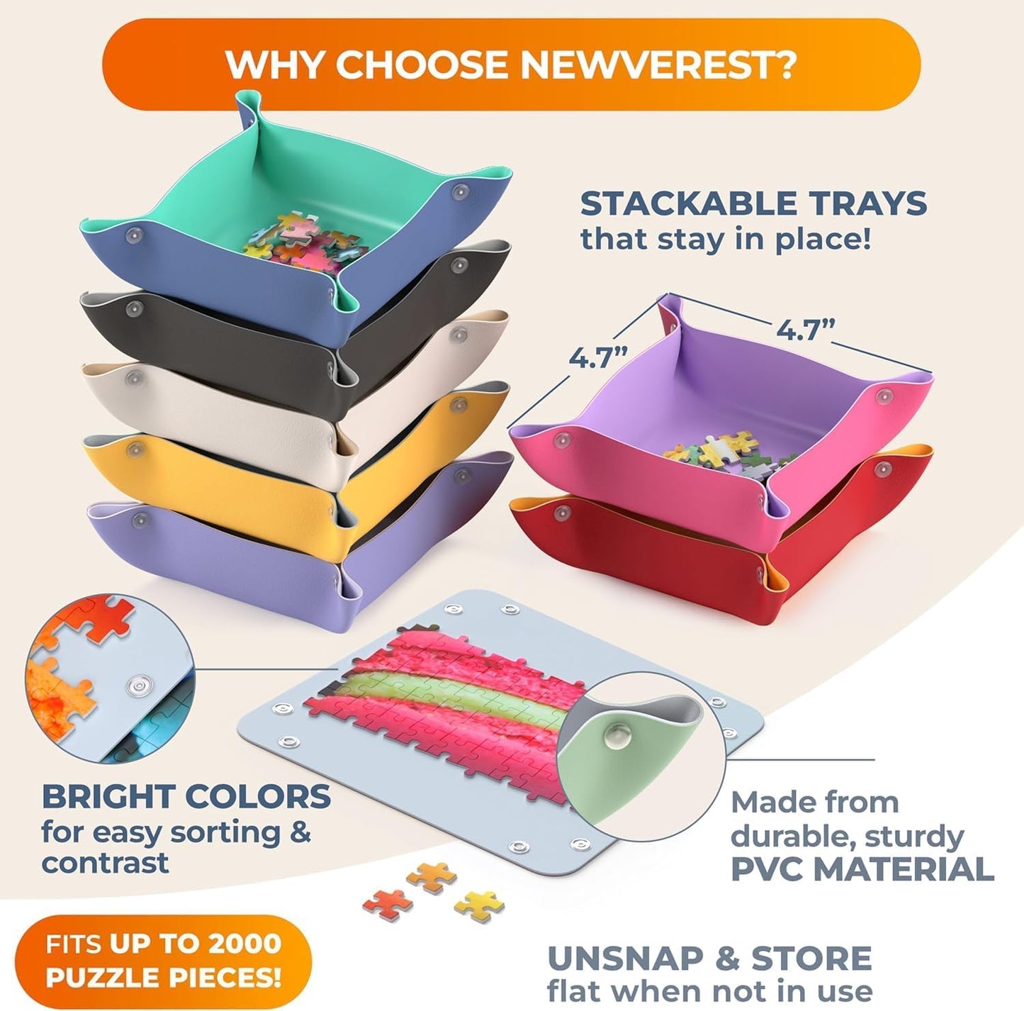 Newverest All-You-Need Puzzle Set: 8 Puzzle Sorting Trays for up to 2000 Pieces, 6 Glue Sheets, 1 Large Scraper & 2 Adhesive Hangers in Gift-Ready Packaging – Must-Have Saver Kit for Puzzle Lovers