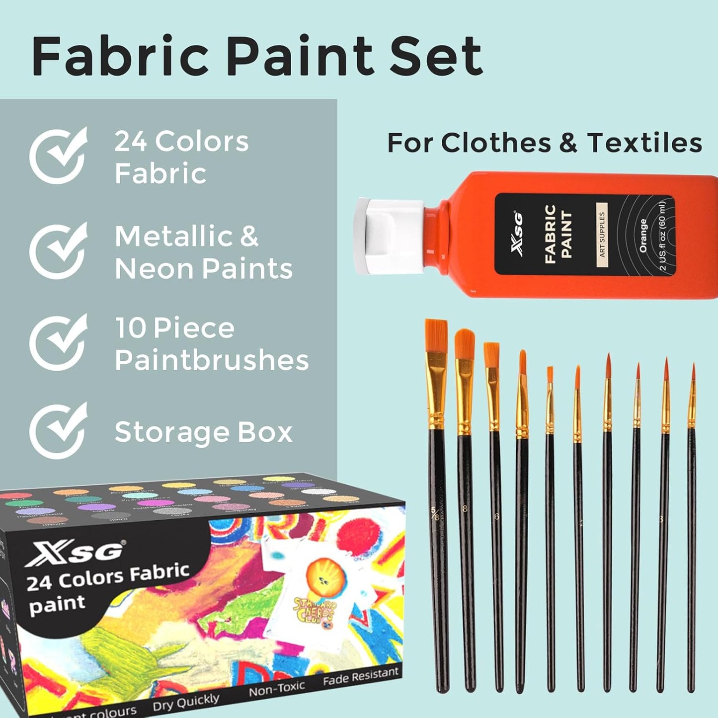 24 Colors Fabric Paint For Clothes Permanent, Soft Fabric Paint in Bottles with 10 Brushes ,Stencils& Palette,Non-Toxic Textile Paint for Shoes,Jeans ,Bags& DlY Projects(60ml/2oz)