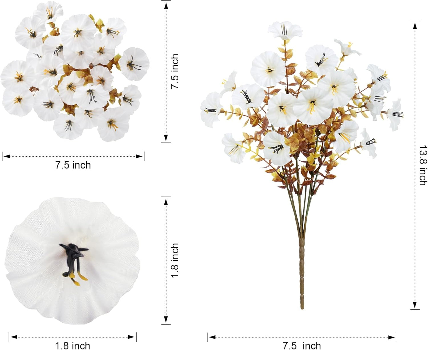 Fake Mums Fall Artificial Flowers Plants for Outdoors Autumn Decoration, 12 Bundles White Silk Morning Glory with Eucalyptus Realistic UV Resistant Faux Flowers for Outside Planter Yard Garden Porch