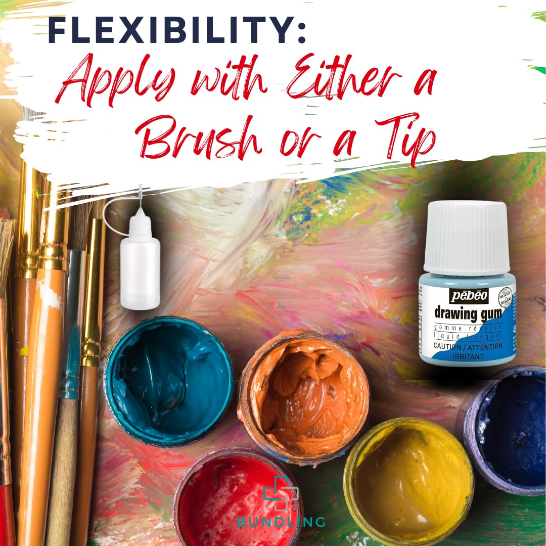 Pebeo Drawing Gum Masking Fluid 45ml โ Quick-Dry, Easy-Peel for Watercolor & Painting โ Includes Bundling Bliss Applicator Tip & Brushes (3-Piece Set)