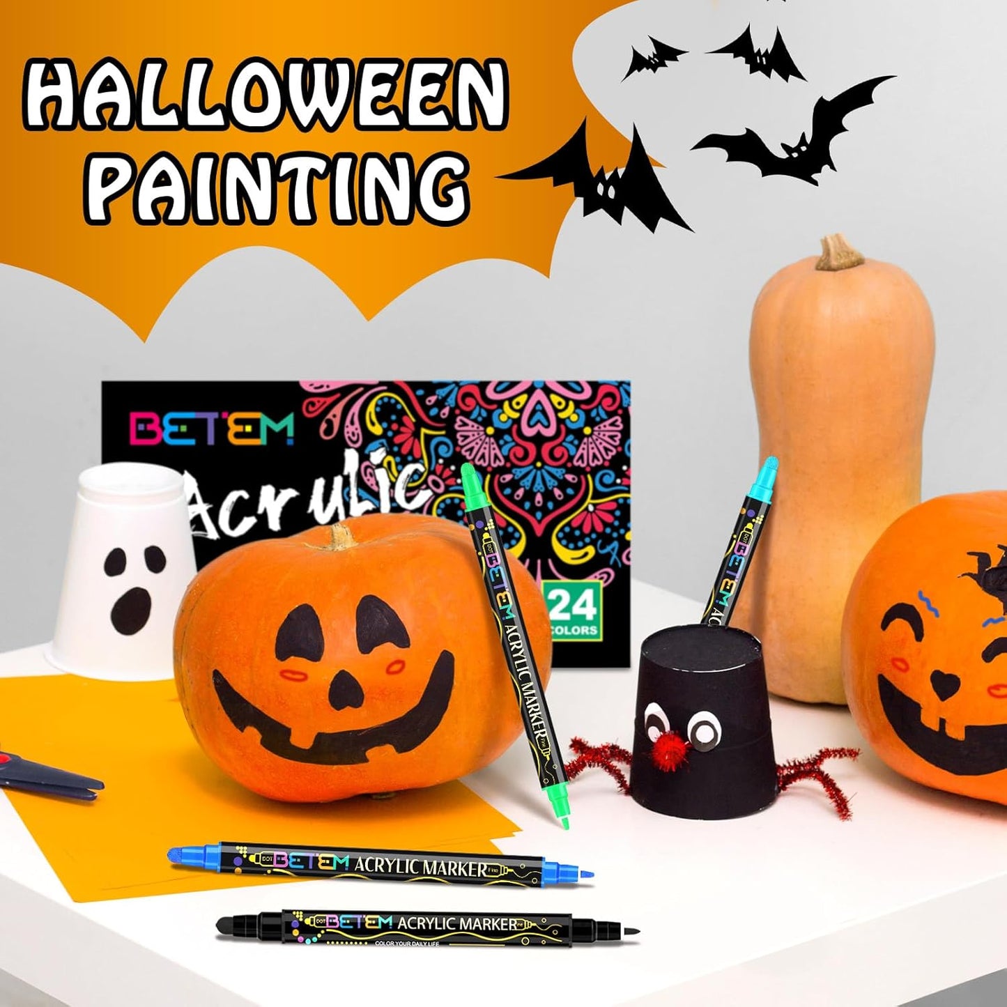 Betem 24 Colors Dual Tip Acrylic Paint Pens Markers, Premium Acrylic Paint Pens for Halloween Decorations, Wood, Canvas, Stone, Rock Painting, Glass, Ceramic Surfaces, Pumpkin Painting Kit DIY Crafts
