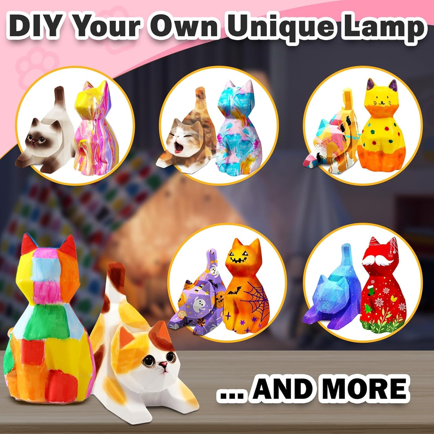 FUNZBO 2pcs Paint Your Own Cat Lamp Kit - Halloweens Arts and Crafts Supplies Kitten Painting Kits for Kid Teen, DIY Night Light Toy for Toddlers Girl Boy Age 3 4 5 6 7 8 9 10 11 12 13 + Birthday Gift