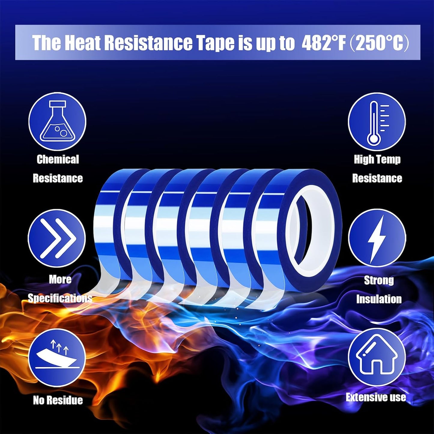 6 Rolls 10mm x16m(52FT) Blue Heat Tape High Temperature Heat Resistant Tape Heat Transfer Tape for Heat Sublimation Press Vinyl,No Residue