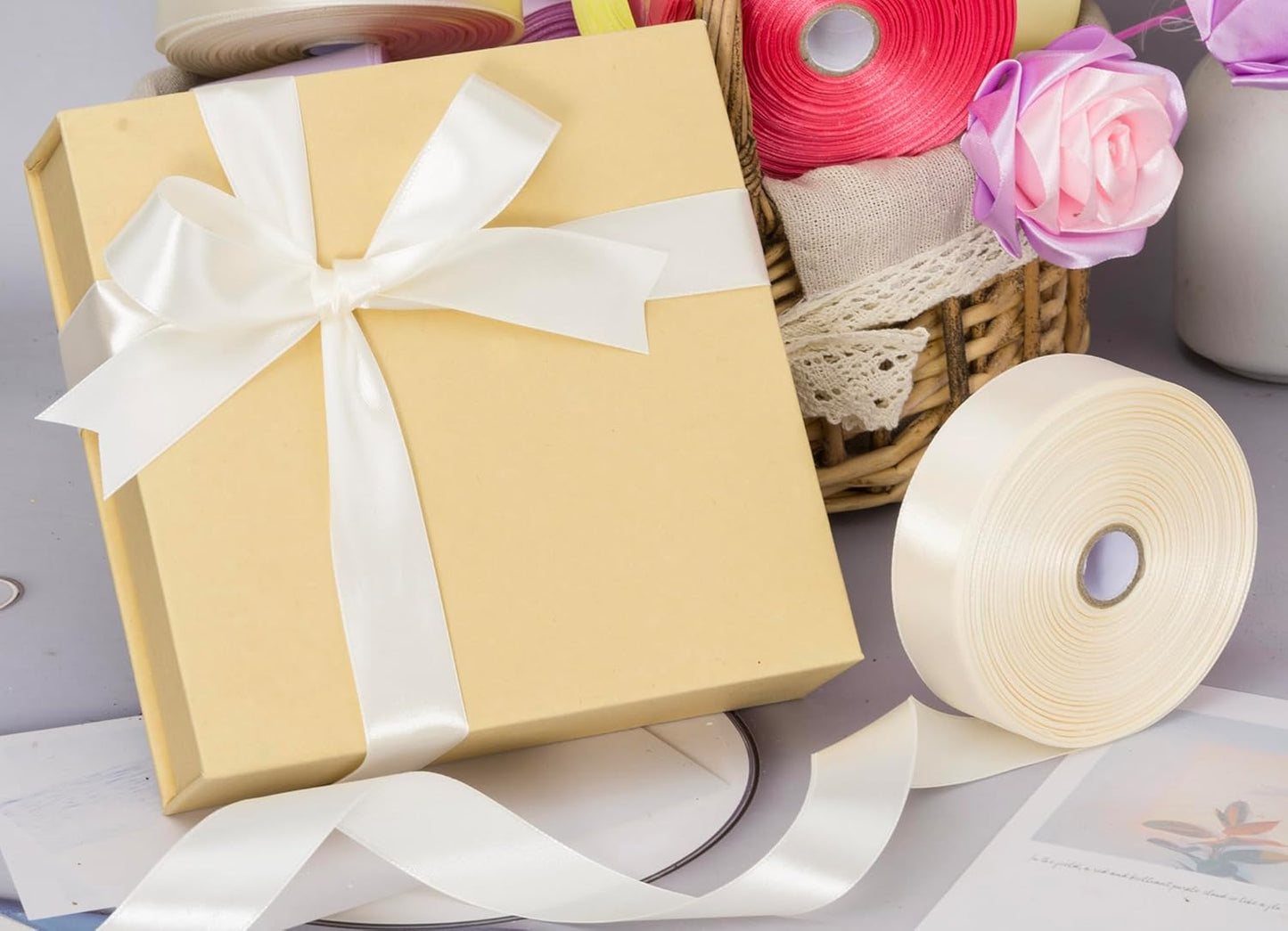 1 Inch Ivory Solid Satin Ribbon, 50 Yards Craft Fabric Ribbon for Gift Wrapping Floral Bouquets Wedding Party Decoration