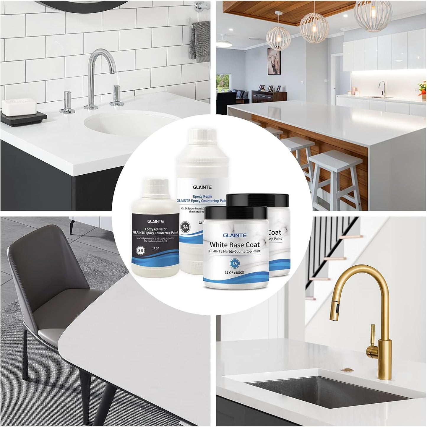 GLAINTE Bright White Marble Countertop Paint Kit Epoxy Countertop Refinishing Paint for Kitchen Bathroom Cover 38 Sq.Ft