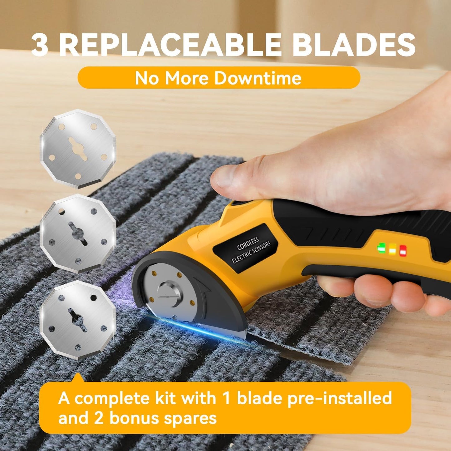 Cordless Electric Scissors: 4V Rechargeable Cardboard Cutter, 3 Blades, Safety Lock & LED Light, Box Cutter for Carton Carpet Plastic Fabric Leather(Yellow)