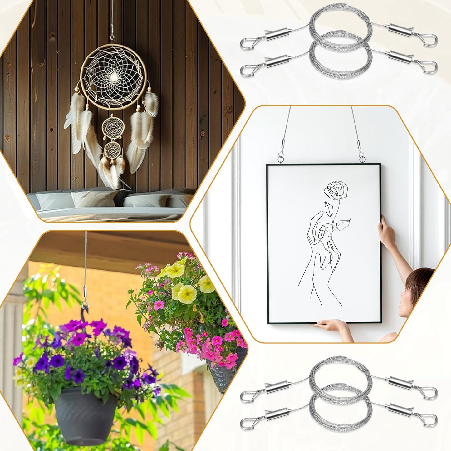 6PCS Heavy Duty Picture Hanging Wire 9.8ft X 1.5mm Mirror Frame Hanging Kit Adjustable Stainless Steel Rope for Pictures, Mirrors, Frames, Artwork, Light Lamp and Billboards, Supports up to 66lbs