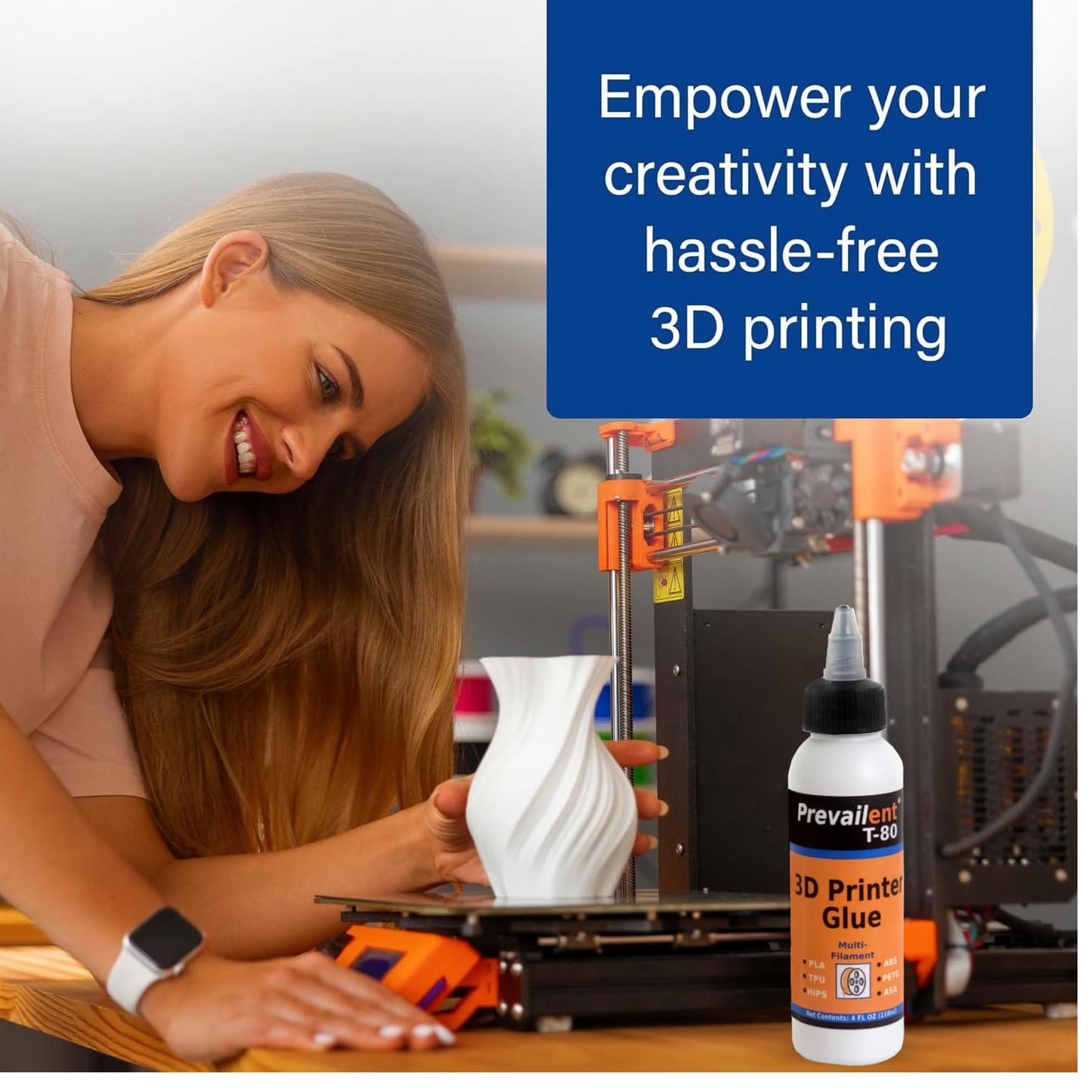 3D Printer Glue – Strong 3D Printer Adhesive for PLA, PETG, ABS, TPU & More, Bed Adhesive for Multiple Build Plates, Reduces Warping, Easy Release, 4 fl oz (118ml) - Prevailent T-80