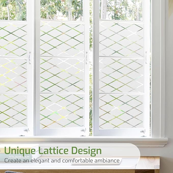 LUTE Frosted Window Privacy Film, Static Cling UV Sun Blocking Heat Control Window Cover, Removable Non-Adhesive Glass Sticker Vinyl Decorative Frosting Decals for Home Office, Lattice, 35.4" x 157.4"