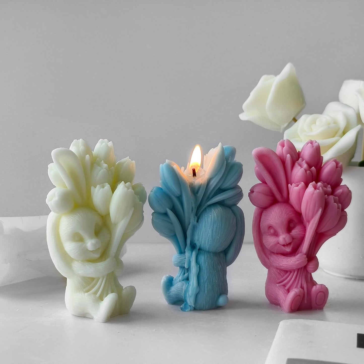 Rabbit Tulip Animal Soap Mold - Flower Peony Resin Casting Silicone Mold for Candle Home Decor - 3D Animal Soap Making