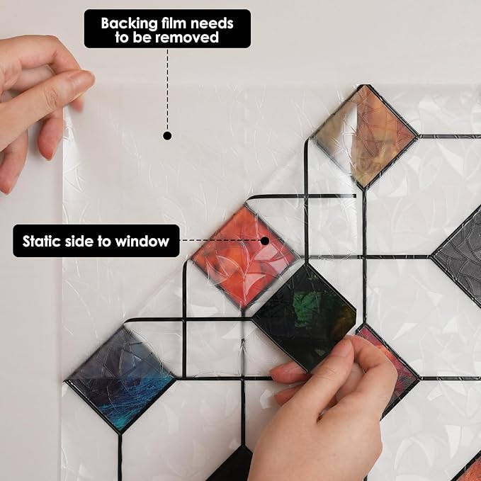 DKTIE Colorful Gem Lattice Pattern Decorative Window Privacy Film Rainbow Stained Glass Window Film Classroom Decor Renter Friendly Decor (S533, 35.4in X 118.1in)