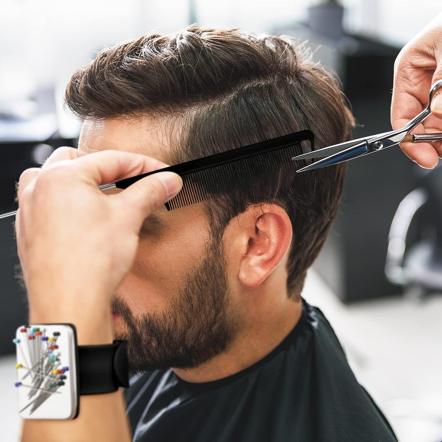 WILLBOND Magnetic Wrist Sewing Pincushion Wrist Magnetic Pin Holder Wristband Pin Cushion Holder with 3 Pcs Stainless Steel Pintail Comb Rat Tail Comb for Hair Clips Hand Sewing(Black)