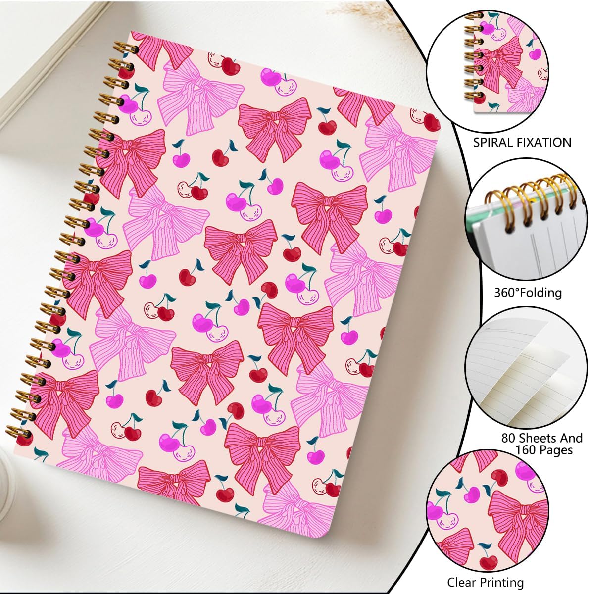 2 PCs Coquette Pink Bows Cherry Journaling Notebooks Trendy Preppy Spiral Notebook Aesthetic Design Gifts for Women Girls Note Books Journals for Writing Hardcover Notebook Office Classroom Supplies