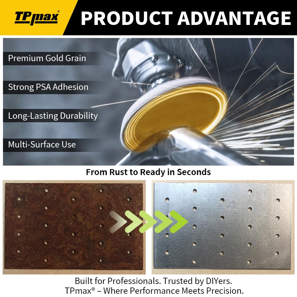 6-Inch 100-Grit Gold PSA Sanding Discs, 50 Pack – Pro-Grade Self-Adhesive Stickyback Sandpaper with Quick-Release Tabs for DA Sander, Medium-Coarse Automotive/Wood/Metal Sanding