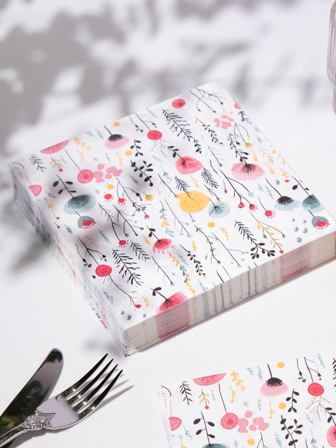 20 pcs Premium Designer Paper Napkins, 3-Ply 6.5x6.5-inches Disposable Decorative Paper Guest White Floral Napkin for Wedding Birthday Anniversary Lunch Dinner Party Baby Shower