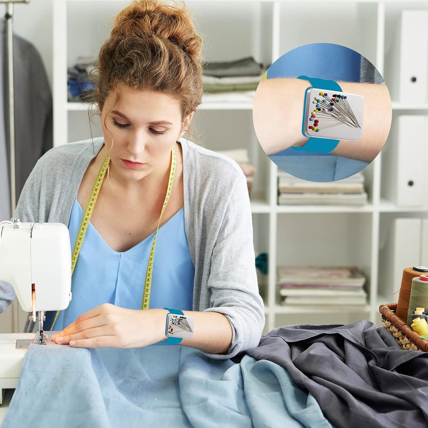 Magnetic Wrist Sewing Pincushion with 100 Pieces 1.5 Inch Ball Head Sewing Pins Set Wrist Magnetic Pin Holder Gift Supplies(Dark Blue)