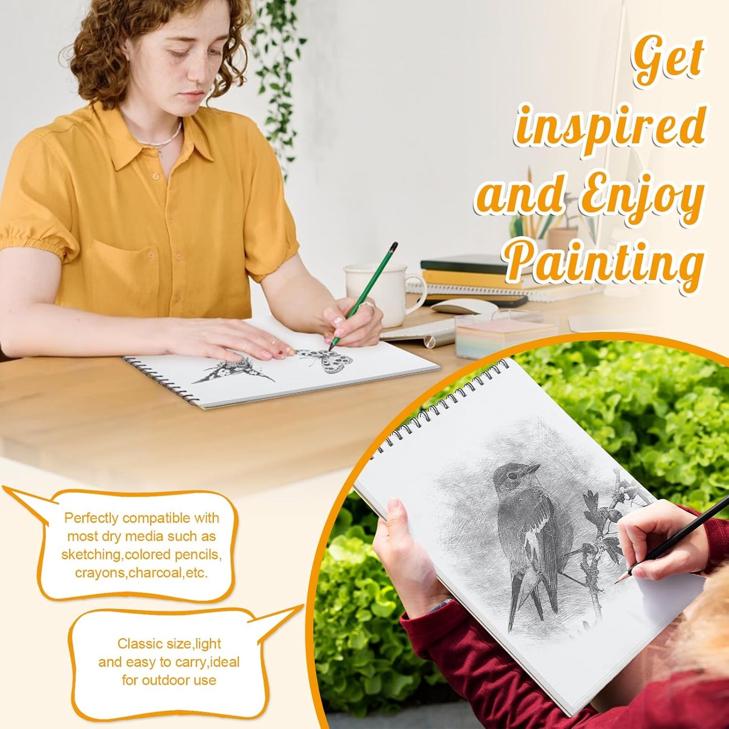 2 Pack Sketch Book with 36 Color Pencil Set, Spiral Kids Sketchbook for Drawing (68lb/100gsm), Acid-Free Sketch Pad for Kids Artist, Art Paper Drawing Supplies for Gifts (9×12 inch)