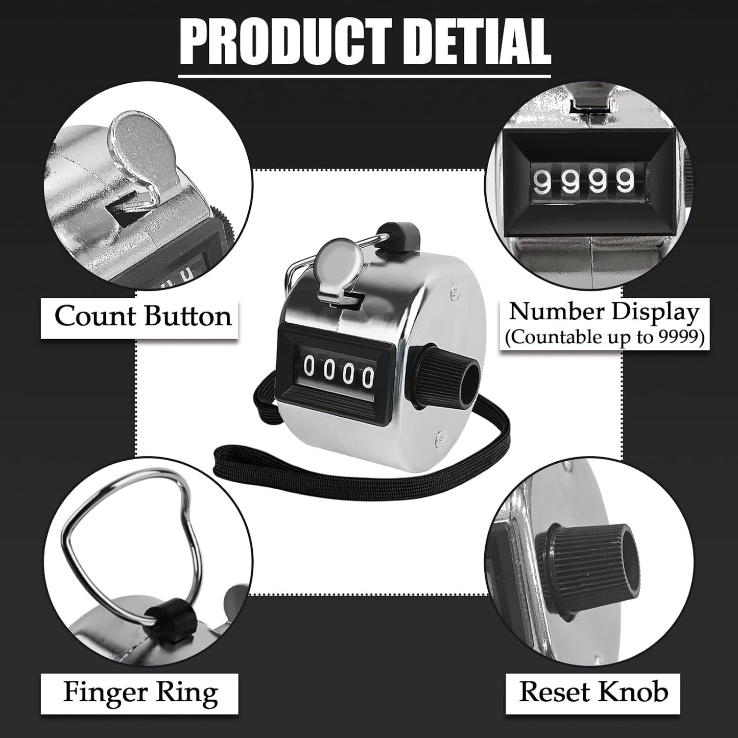 GDMINLO Metal Hand Tally Clicker Counter, 4-Digit Number Count Clicker with Metal Case Mechanical Counter for Coaching, Knitting, Lap, Fishing, Golf and Row with 2-Nylon Lanyard,Silver