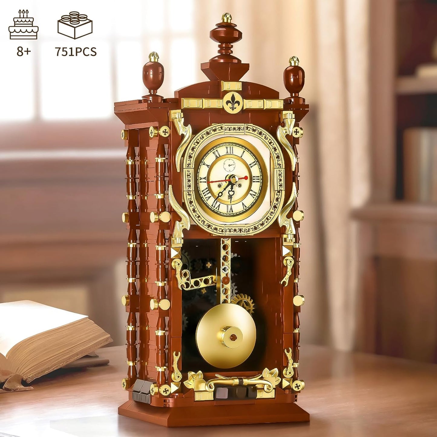 Retro Clock Building Set for Adults,Vintage Pendulum Clock Model with Rotating Gears,Home Decor Mechanical Building Blocks Toys, Gift for Boys and Girls 8+ (751 Pieces)