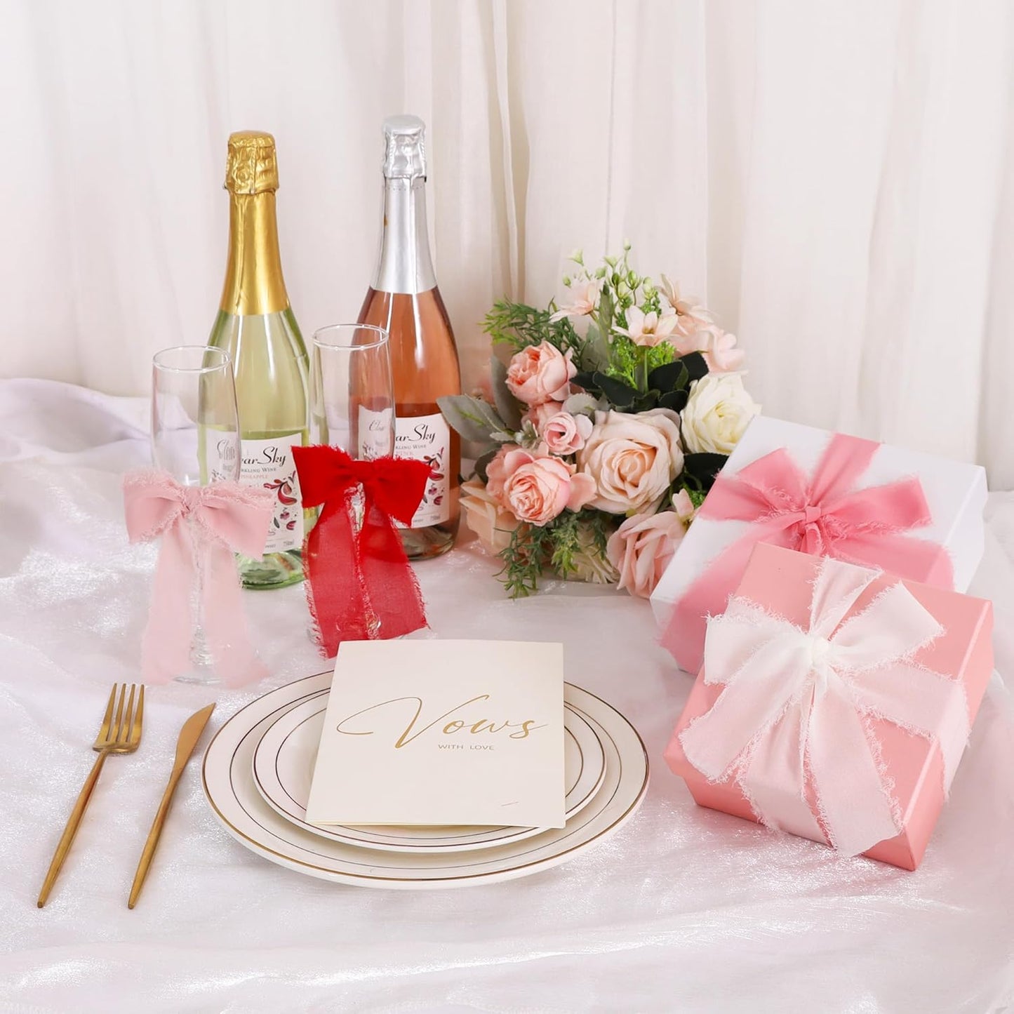 TONIFUL 4 Rolls Silk Chiffon Ribbon 1-1/2 Inch x 22 Yards,Red Pink and White Handmade Fringe Silk Ribbon Set for Gift Wrapping Bridal Bouquets Crafts Wedding Christmas Valentines Decoration