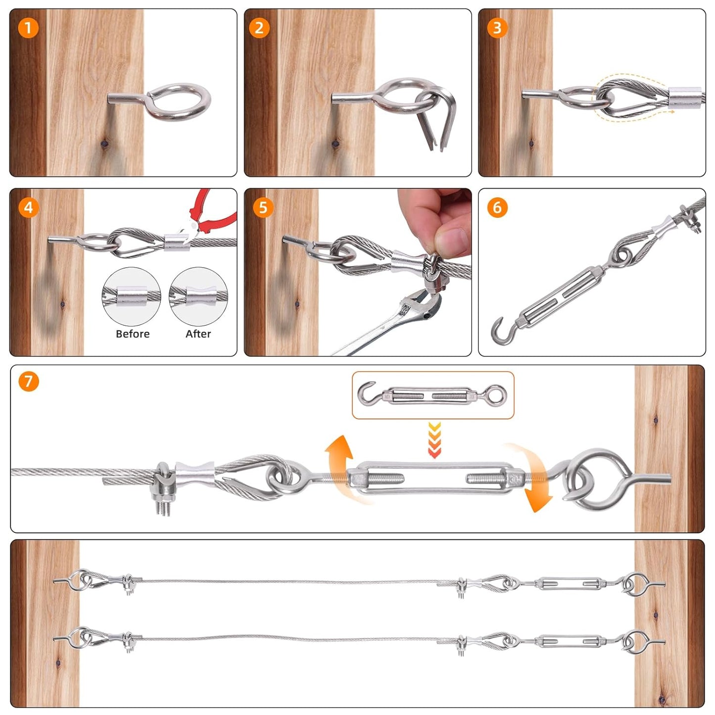 300FT 1/8" Wire Rope Kit, Vinyl Coated 304 Stainless Steel Wire Cable, 7x7 Strands 920LBS Breaking Strength, M5 Turnbuckle, String Light Hanging Kit for Outdoor, Garden, Clothesline