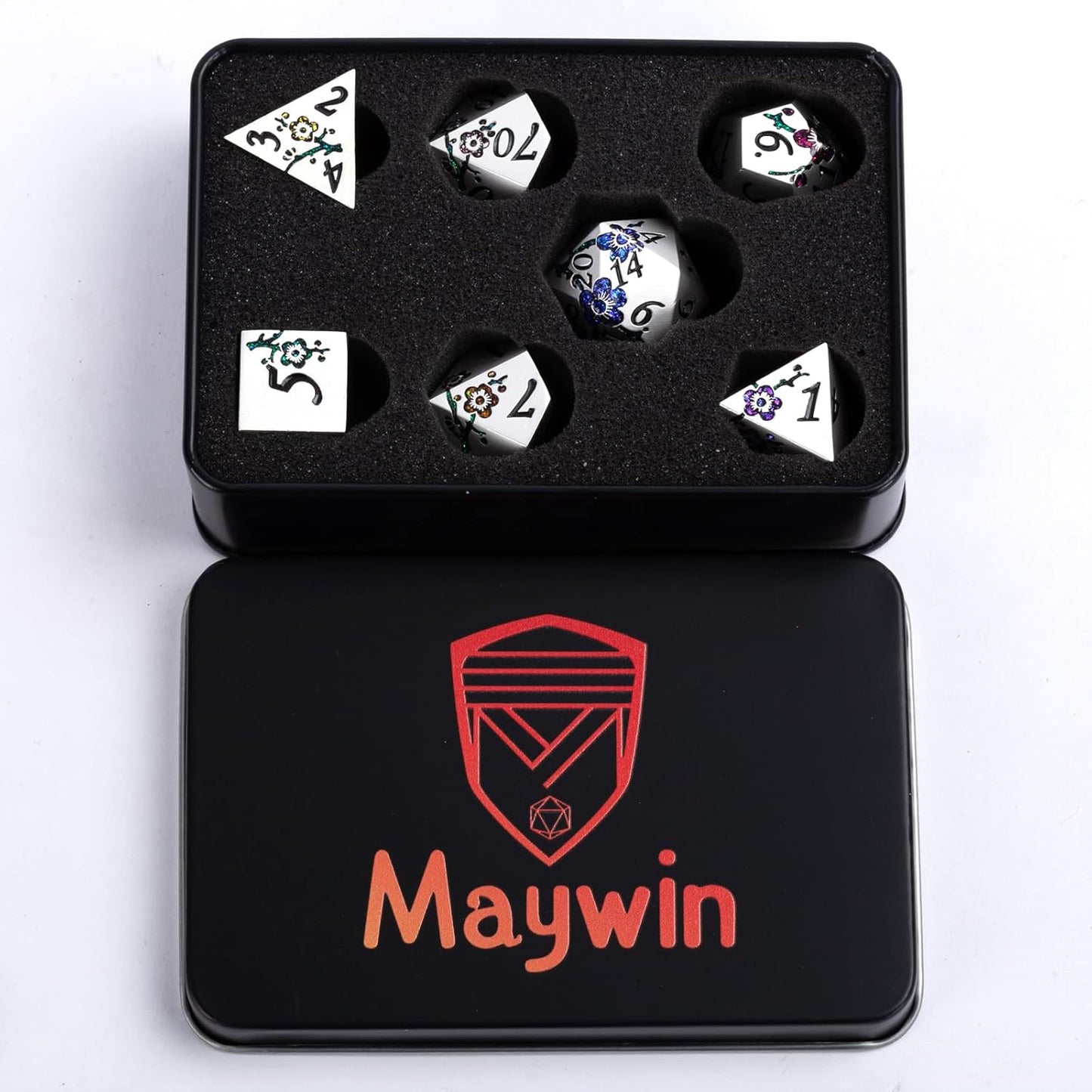 7 PCS Solid Metallic Flower D&D Dice Set,Metal Dungeons and Dragons Dice Set with Gift Box for DND Tabletop Game (Silver-Seven Colour Brocade)