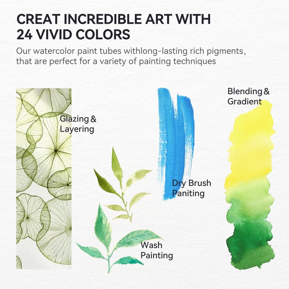 LIGHTWISH Professional Watercolor Paint Tube Set Artist Grade, 9 ML 24 Vivid Colors Art Supplies, Premium Non Toxic Water Colors Paint for Adults, Artists & Hobby