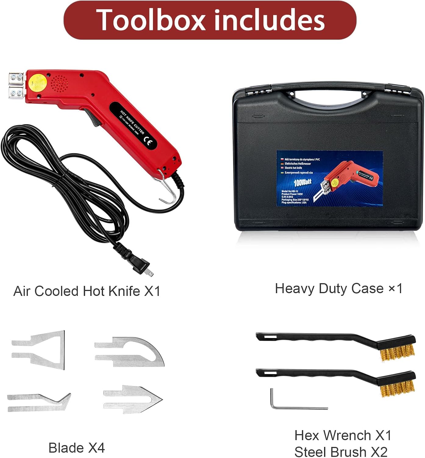 Toemics Electric Hot Knife Foam Cutter โ 100W Styrofoam Cutting Tool, 4 Adjustable 50-500ยฐC Blades for Polystyrene, Sponge, Crafts, and Insulation (Red)