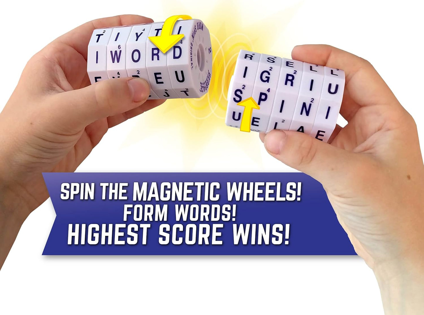 Geospace The Original Handheld Magnetic Spin Game, Take-Along Travel Edition with Storage Pouch (Challenge Word Spin with 10 Magnetic Wheels)