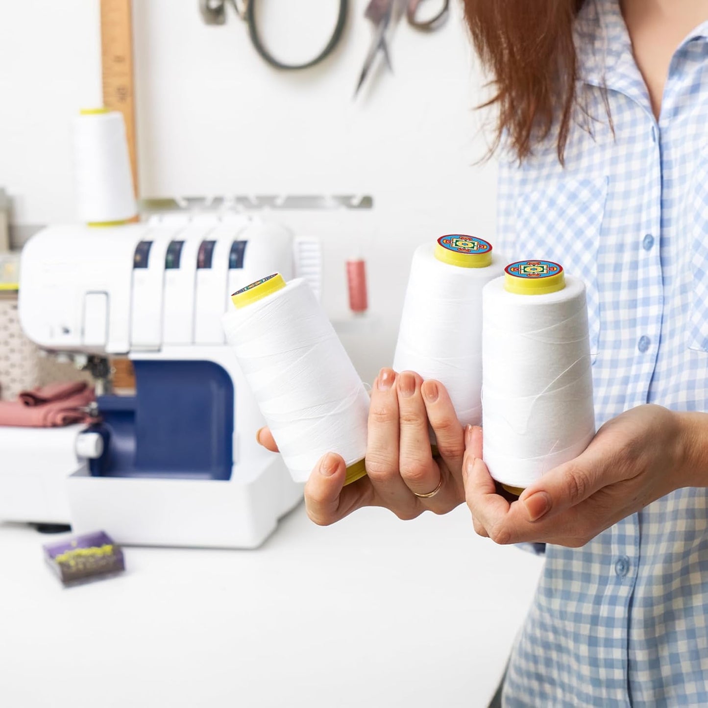 Mandala Crafts 4 Pack of Serger Threads Cones Spools - 40S/2 24000 Yards Polyester Baby Blue Threads for Sergers Machine and Overlock Quilting Sewing Machine