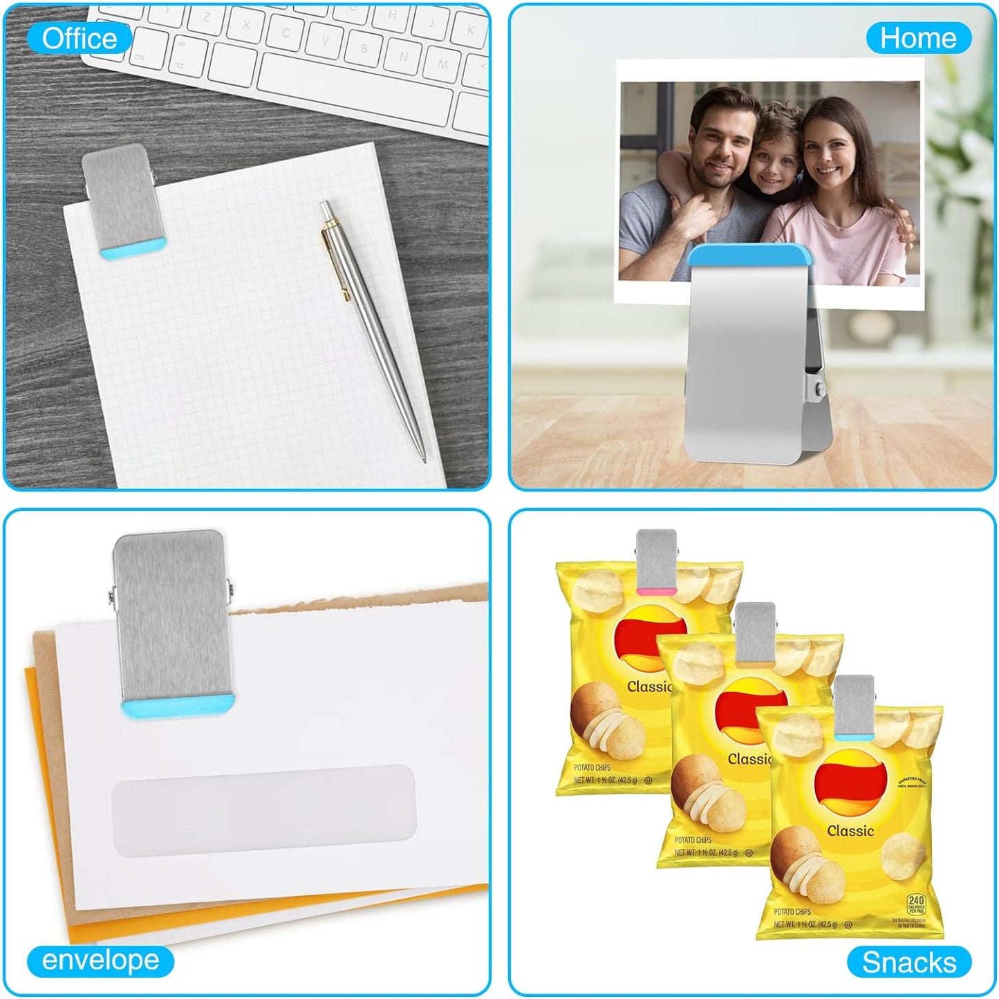 Chip Clips Heavy Duty, 12 Pack Chip Bag Clip with Colored Silicone, Stainless Steel Bag Clips for Food Snack, Flat Metal Clamp for Office Kitchen