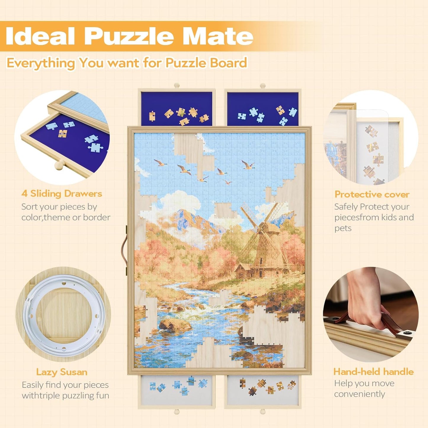 1500 Pcs Adjustable Jigsaw Puzzle Board with Drawers and Cover, 33.3"x24.3" Rotating Puzzle Table with Lazy Susan, Frame for Wall Art Display